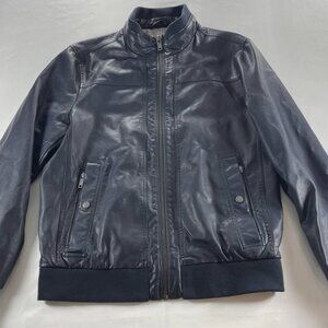 DKNY Men’s Faux Leather Bomber Jacket – Size M – Navy Blue – Full Zip – Excellen